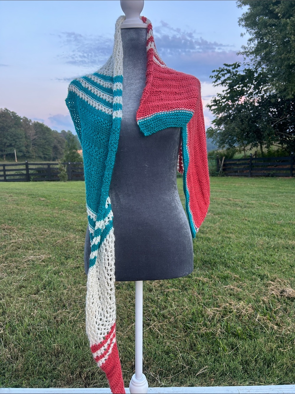 Colorblock Teal, Coral & Cream Knit Wrap Sweater, scarf, shawl